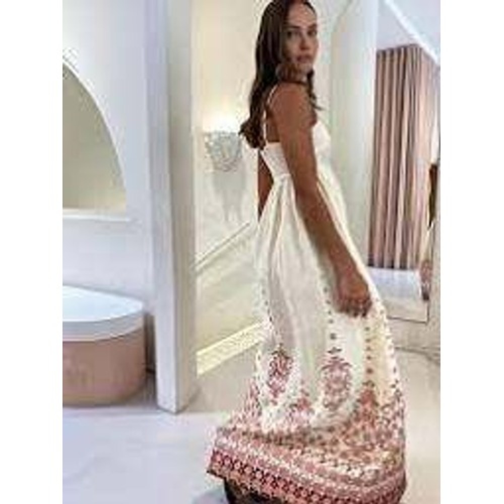 Tree of Life Cream Pink Floral Damask Border Print Linen Maxi Dress Empire Waist - Picture 3 of 12